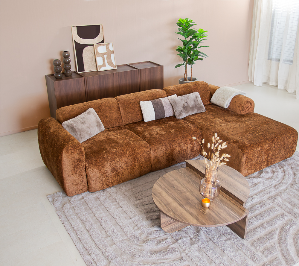 Banken-Hoekbank oker chenille stof - 292x170 cm - Shane - rechts-Dimehouse