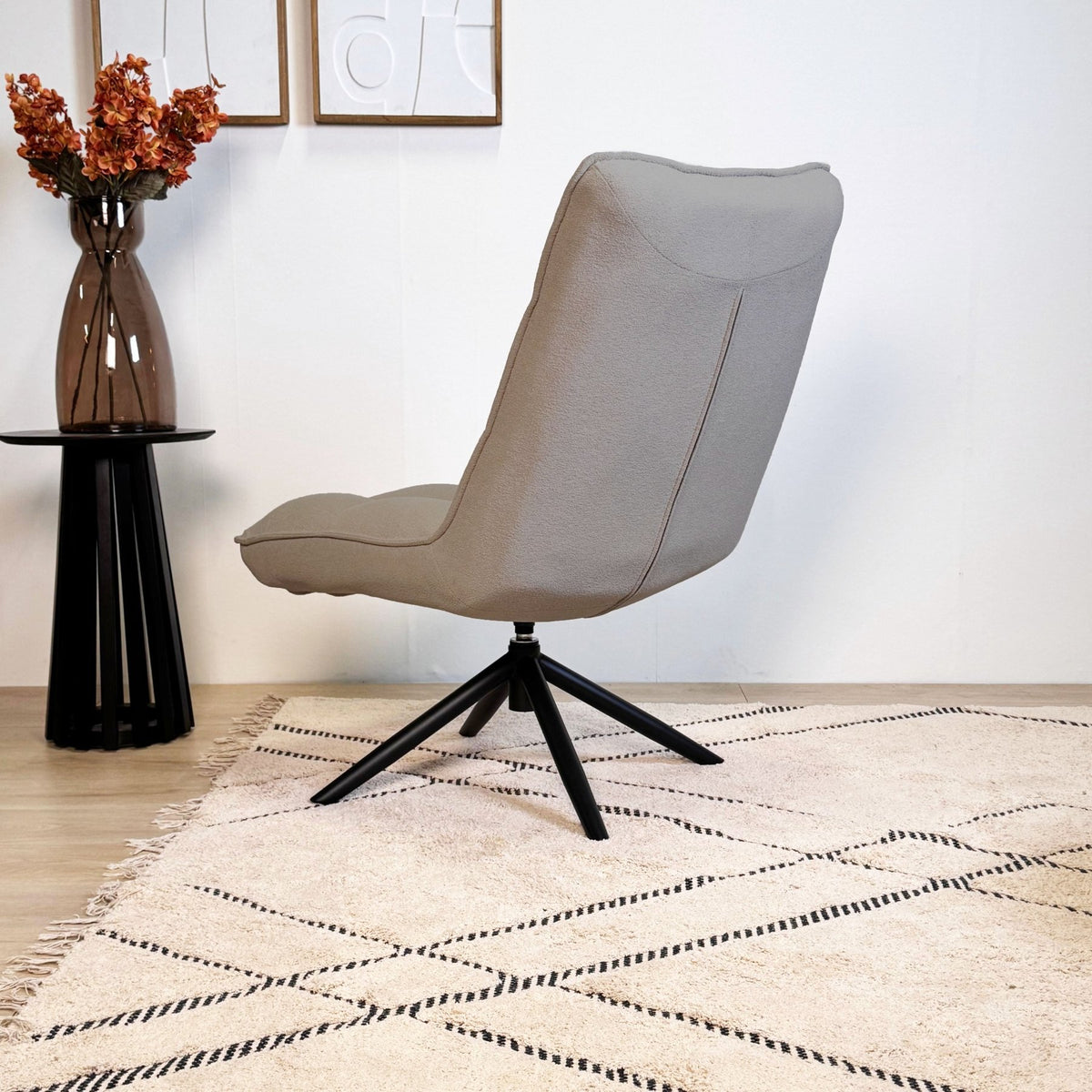 Armchairs - Scandinavian swivel armchair taupe bouclé fabric 360° rotatable Yuki - Dimehouse