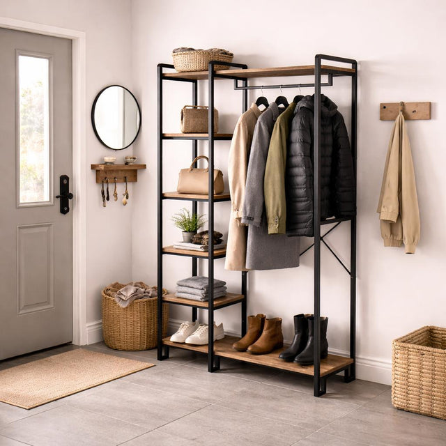 Coat Racks - Wardrobe Furniture Coat Rack Rox Natural - With Shelves - Dimehouse