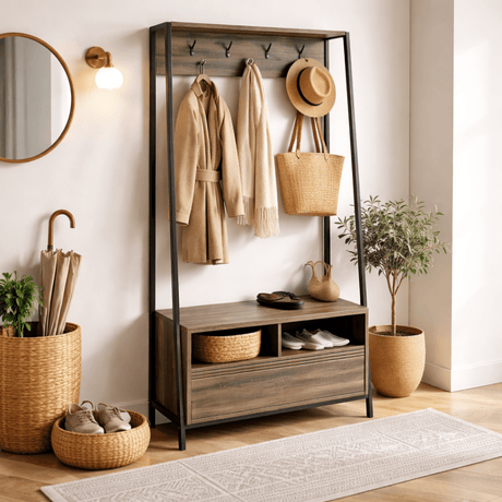 Coat Racks - Wardrobe Furniture Coat Rack Walnut Melamine Devon - With Compartments and Drawer - Dimehouse