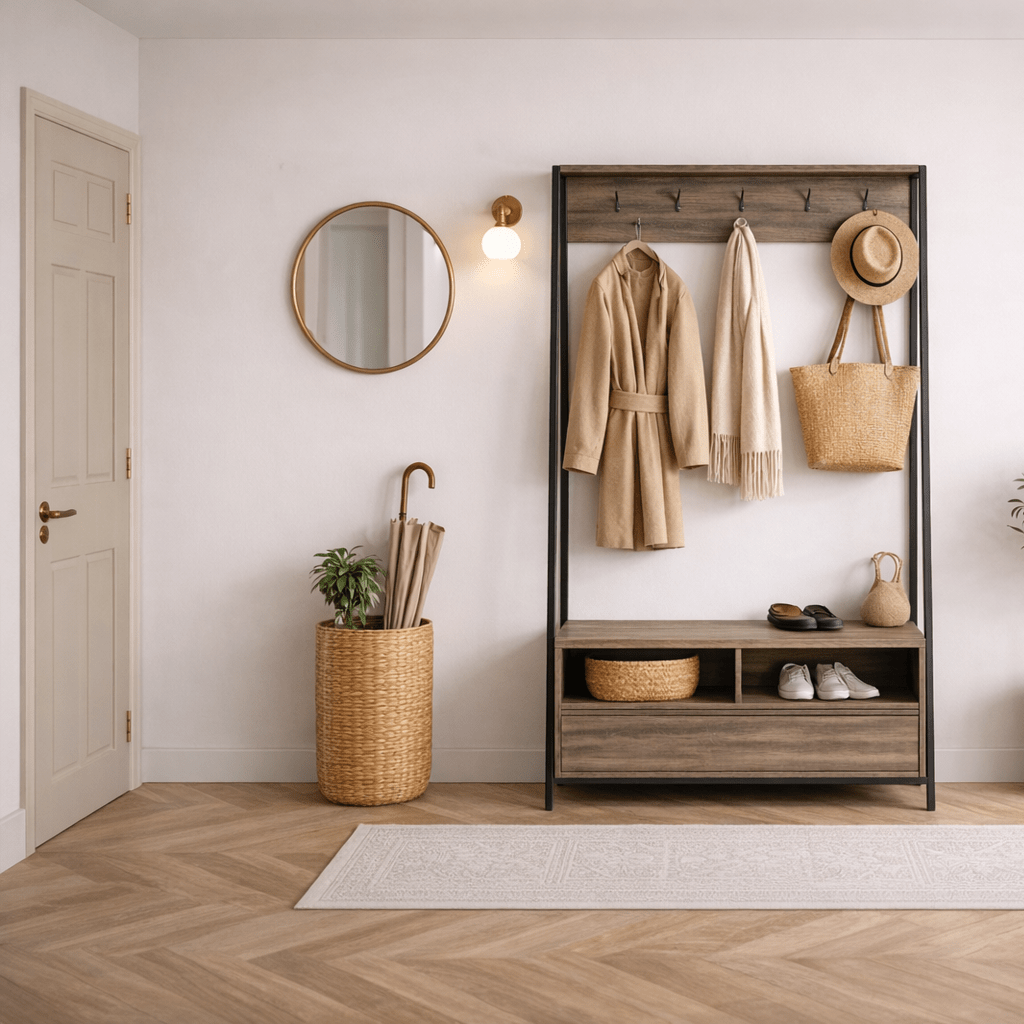 Coat Racks - Wardrobe Furniture Coat Rack Walnut Melamine Devon - With Compartments and Drawer - Dimehouse