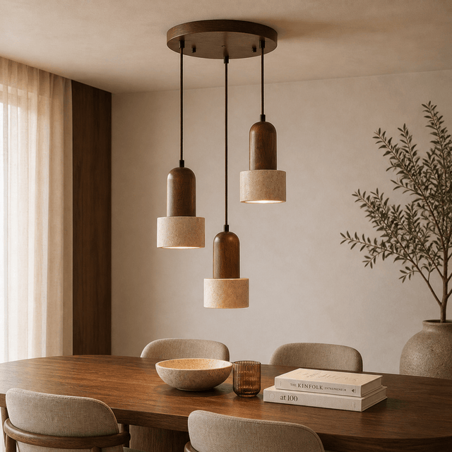 Hanging lamps - Hanging lamp 3 - lights different heights - Walnut & Travertine - Hikari - Dimehouse
