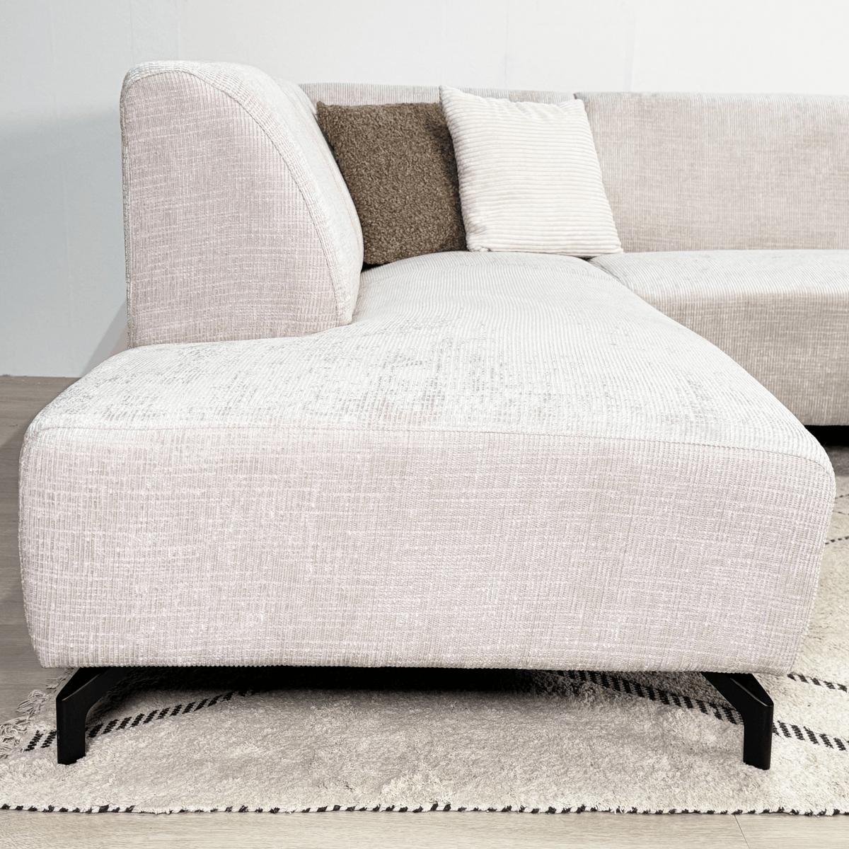 Sofas - Corner sofa with chaise longue beige chenille fabric Manon - left - Dimehouse