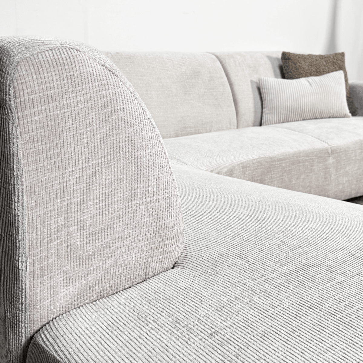 Sofas - Corner sofa with chaise longue beige chenille fabric Manon - left - Dimehouse