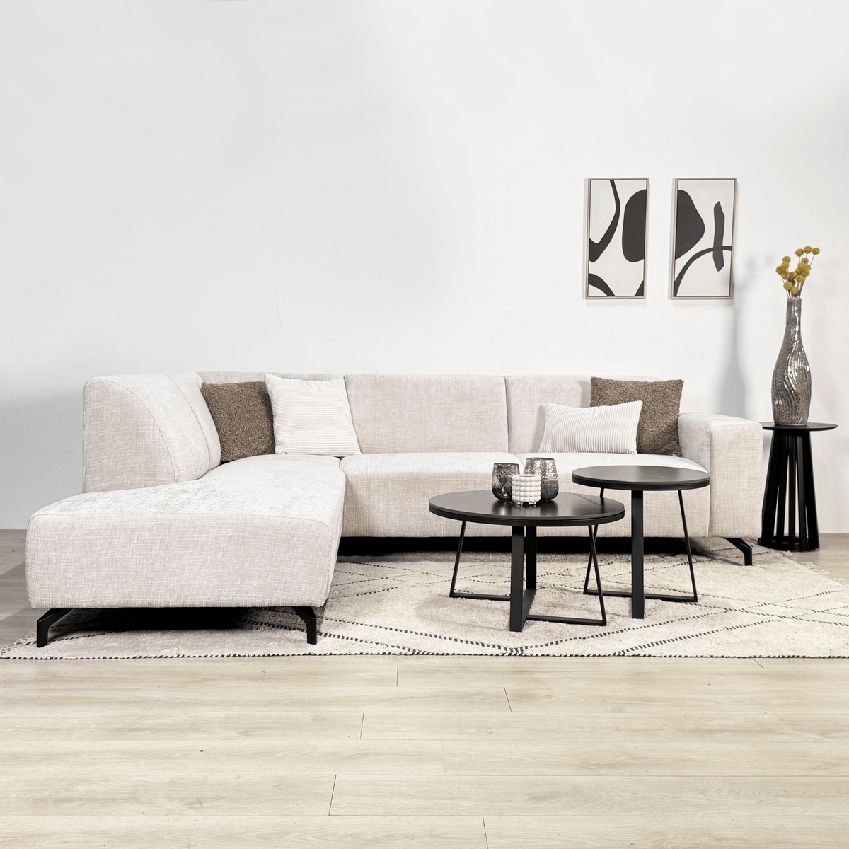 Sofas - Corner sofa with chaise longue beige chenille fabric Manon - left - Dimehouse