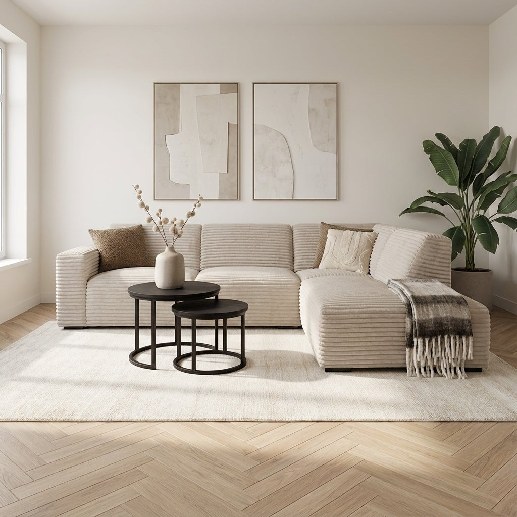 Corner sofa beige super soft ribbed fabric Gavi - right mood photo in modern interior