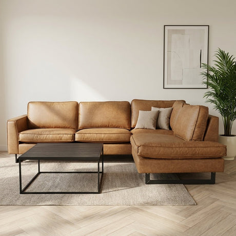 Corner sofa cognac microfibre Tulin - right atmospheric photo in modern interior