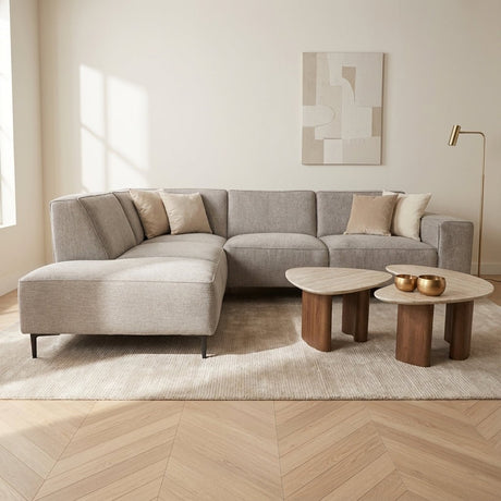 Corner sofa gray chenille mottled Ravi – Left atmospheric photo in a modern interior