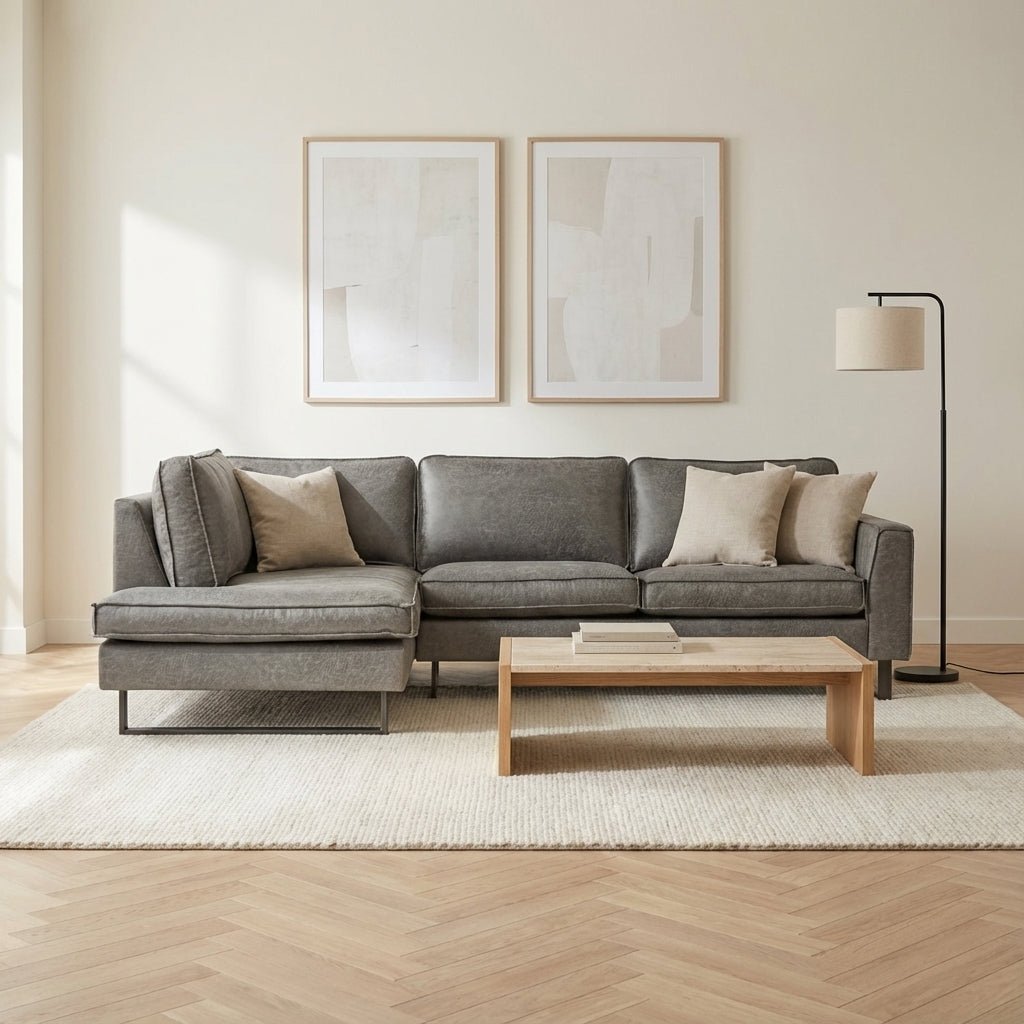 Corner sofa gray microfibre Tulin - left atmospheric photo in modern interior