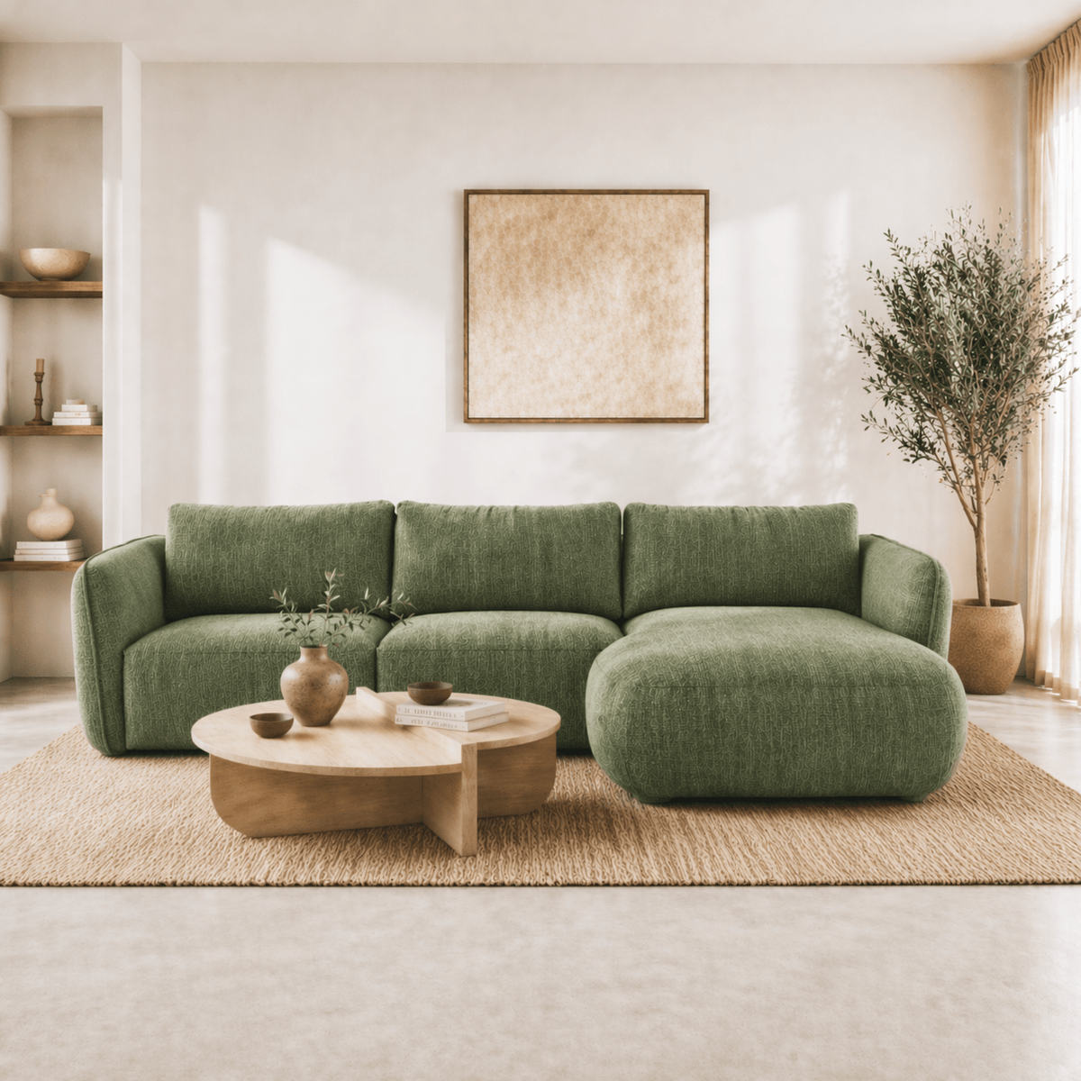 Sofas - Corner sofa round lounge olive green velvet textured fabric Dwayne - right - Dimehouse