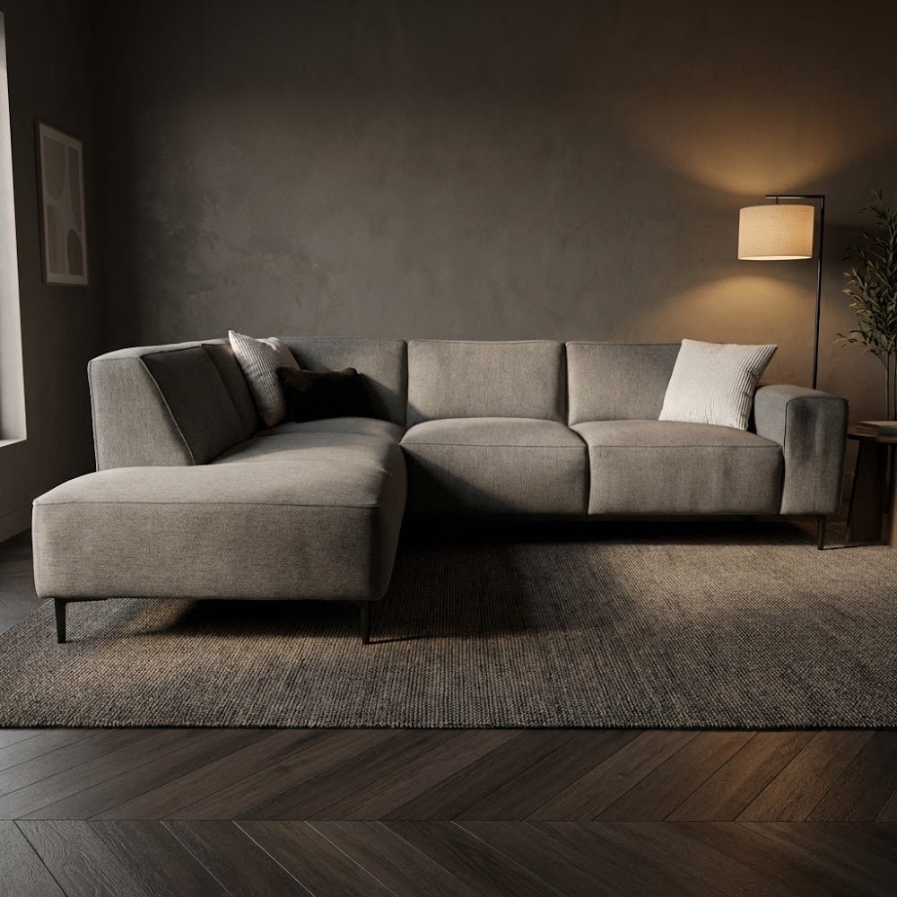 Sofas - Corner sofa taupe chenille mottled Ravi – left - Dimehouse
