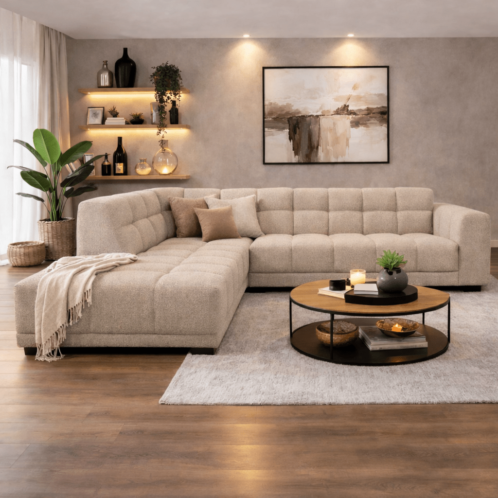 Sofas - Corner sofa with lounge beige bouclé fabric Nova - left - Dimehouse