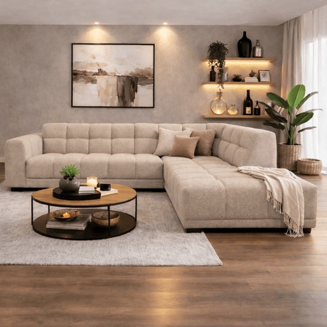 Sofas - Corner sofa with lounge beige bouclé fabric Nova - right - Dimehouse