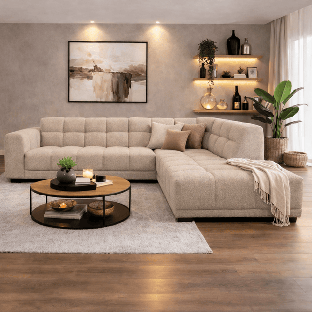 Sofas - Corner sofa with lounge beige bouclé fabric Nova - right - Dimehouse