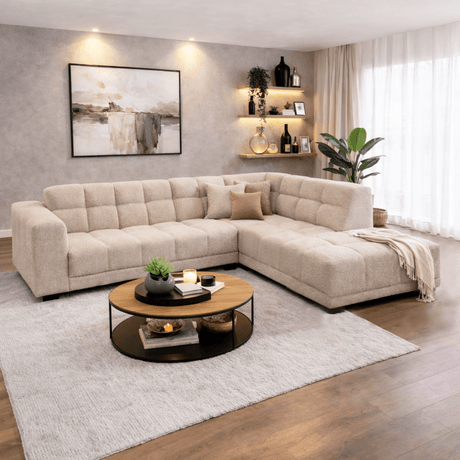 Sofas - Corner sofa with lounge beige bouclé fabric Nova - right - Dimehouse