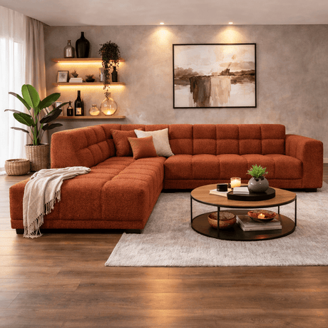 Sofas - Corner sofa with lounge copper bouclé fabric Nova - left - Dimehouse