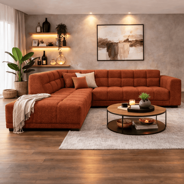 Sofas - Corner sofa with lounge copper bouclé fabric Nova - left - Dimehouse