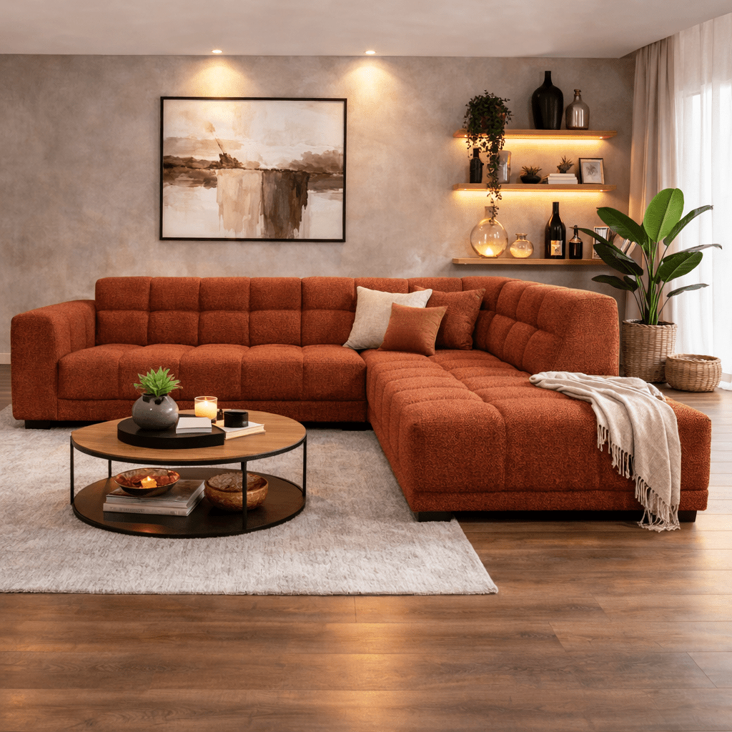 Sofas - Corner sofa with lounge copper bouclé fabric Nova - right - Dimehouse