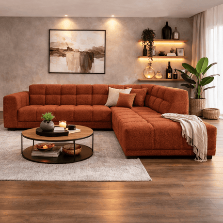 Sofas - Corner sofa with lounge copper bouclé fabric Nova - right - Dimehouse