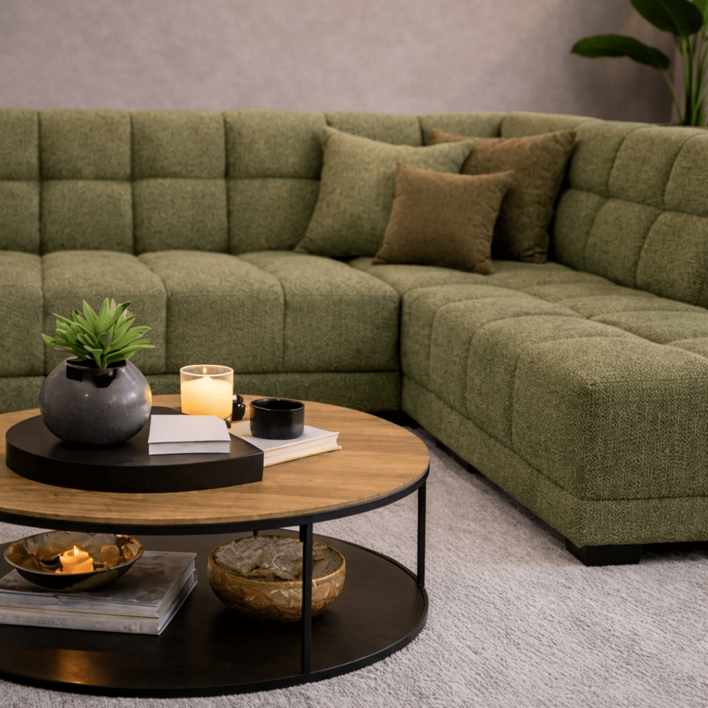 Sofas - Corner sofa with lounge olive green bouclé fabric Nova - right - Dimehouse