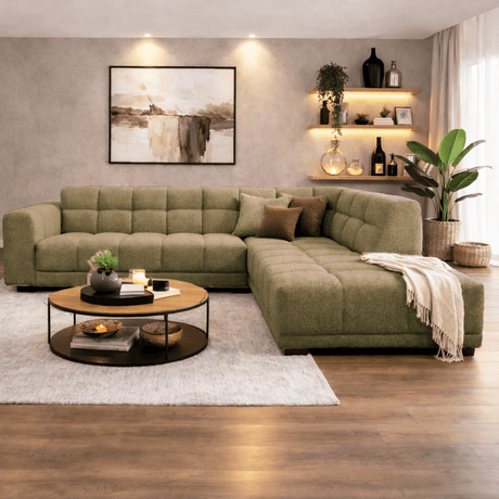 Sofas - Corner sofa with lounge olive green bouclé fabric Nova - right - Dimehouse