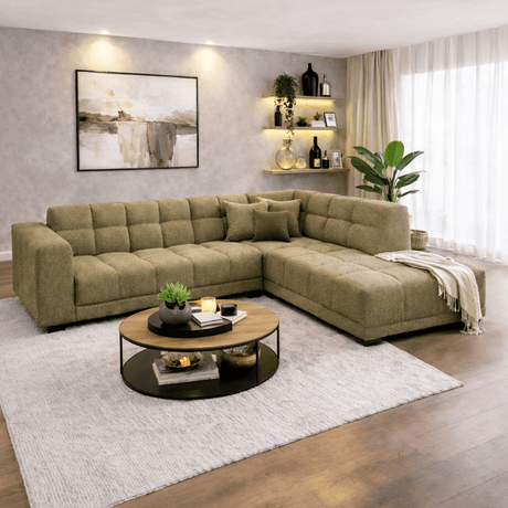 Sofas - Corner sofa with lounge olive green bouclé fabric Nova - right - Dimehouse