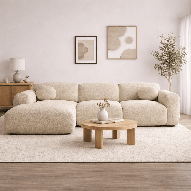 Sofas - Corner sofa sand bouclé fabric - 292x169 cm - Shane - left - Dimehouse