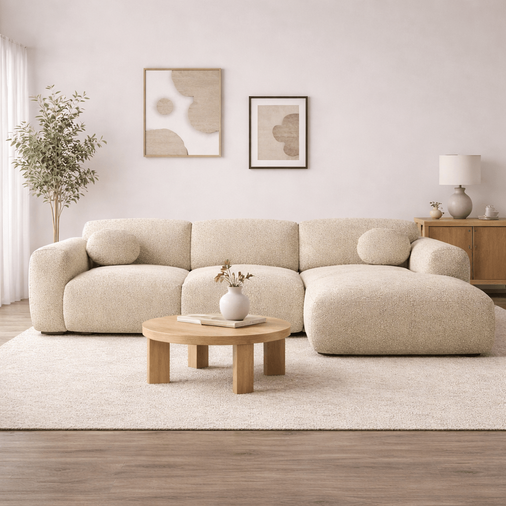 Sofas - Corner sofa sand bouclé fabric - 292x169 cm - Shane - right - Dimehouse