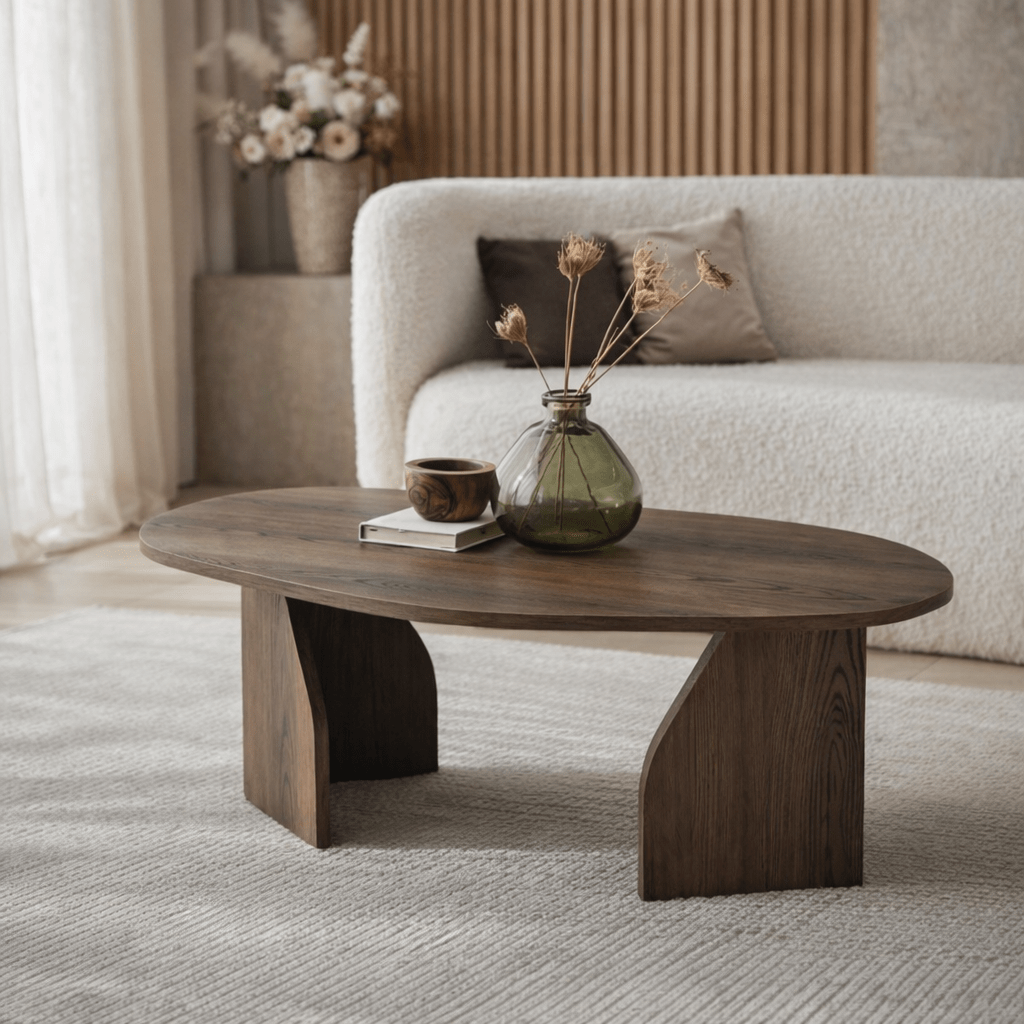 Coffee Tables - Organic Coffee Table Japandi Walnut Melamine Rack - 105x65 cm - Dimehouse