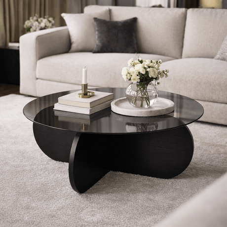 Coffee tables - Round coffee table Aris black melamine and smoked glass 75 cm - Dimehouse