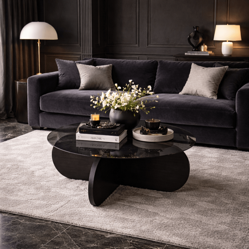 Coffee tables - Round coffee table Aris black melamine and smoked glass 75 cm - Dimehouse