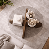 Coffee tables - Round coffee table Aris walnut melamine and transparent glass 75 cm - Dimehouse