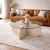 Coffee tables - Round coffee table Aris travertine melamine and transparent glass 75 cm - Dimehouse