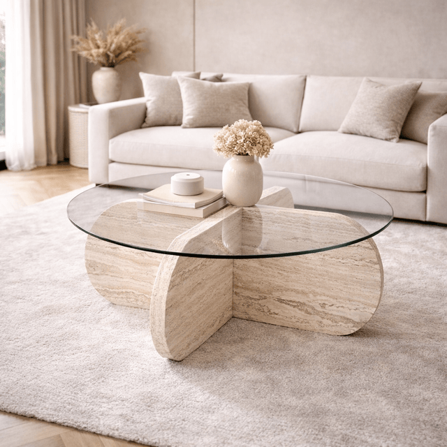 Coffee tables - Round coffee table Aris travertine melamine and transparent glass 75 cm - Dimehouse