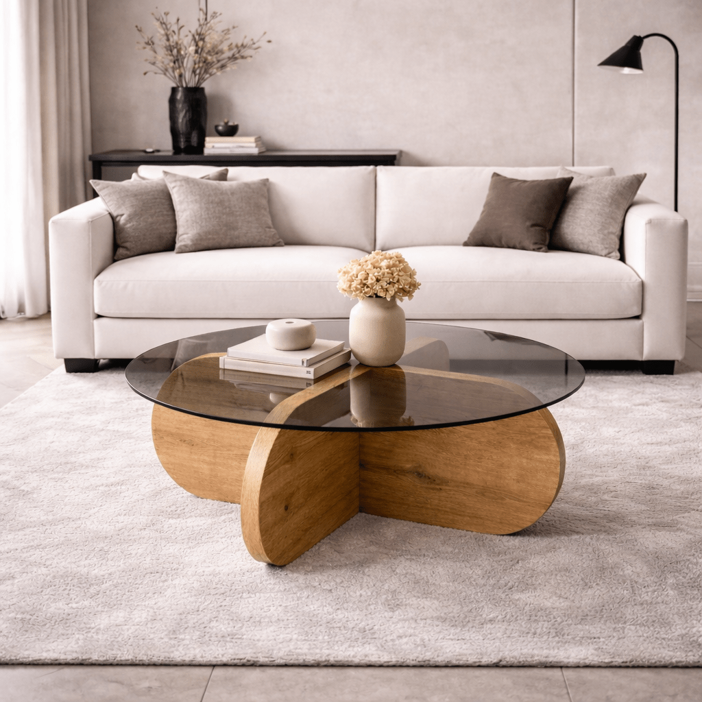 Coffee tables - Round coffee table Aris oak look melamine and smoked glass 75 cm - Dimehouse