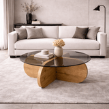 Coffee tables - Round coffee table Aris oak look melamine and smoked glass 75 cm - Dimehouse