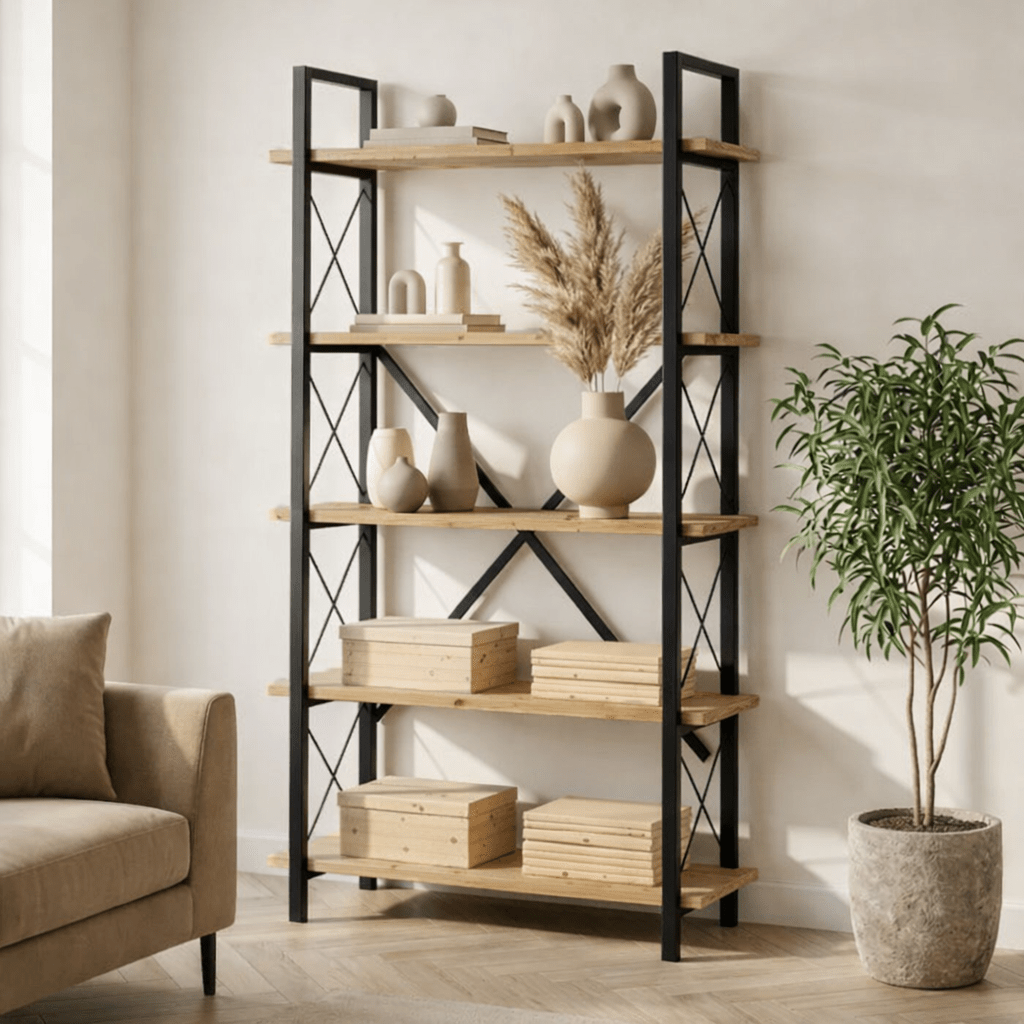Bookcases - Industrial bookcase pine wood melamine Ely - black frame - 180x90 cm - Dimehouse