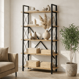 Bookcases - Industrial bookcase pine wood melamine Ely - black frame - 180x90 cm - Dimehouse