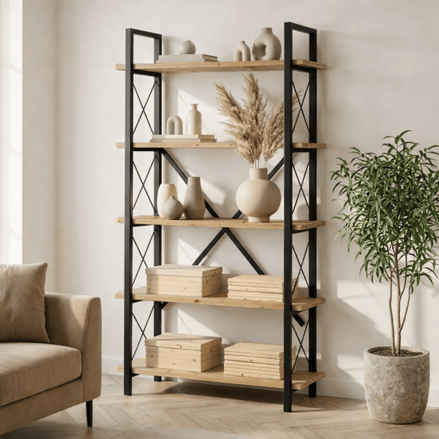 Bookcases - Industrial bookcase pine wood melamine Ely - black frame - 180x90 cm - Dimehouse