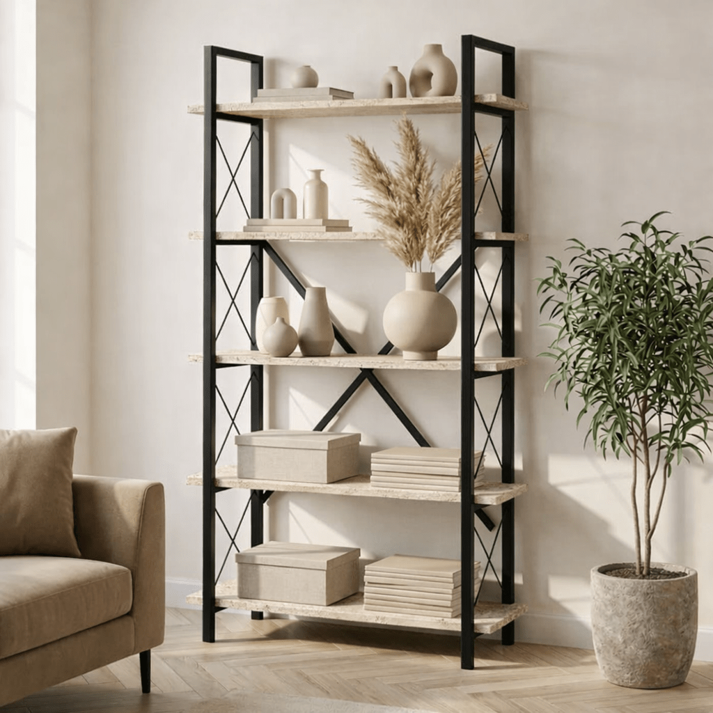 Bookcases - Industrial bookcase travertine melamine Ely - black frame - 180x90 cm - Dimehouse
