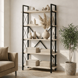 Bookcases - Industrial bookcase travertine melamine Ely - black frame - 180x90 cm - Dimehouse