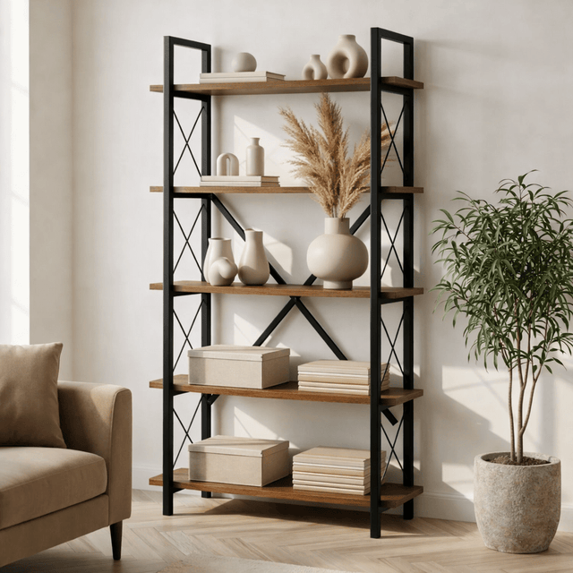 Bookcases - Industrial bookcase walnut melamine Ely - black frame - 180x90 cm - Dimehouse