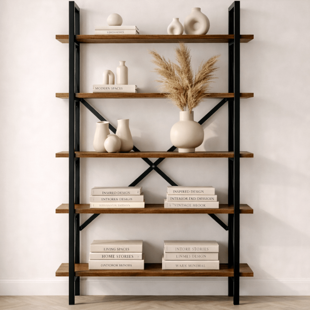 Bookcases - Industrial bookcase walnut melamine Ely - black frame - 180x90 cm - Dimehouse