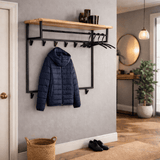 Coat Racks - Industrial Coat Rack Metal with Acacia Wood 12 Hooks 100x80cm - Teun - Dimehouse