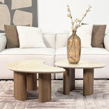 Coffee tables - Set of 2 organic coffee tables Jimi travertine top with walnut base - Japandi - Dimehouse