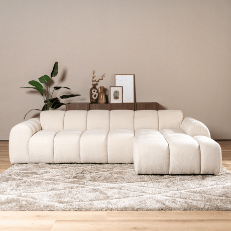 Sofas-Corner sofa with lounge beige bouclé fabric - stripes - right - Brix-Dimehouse
