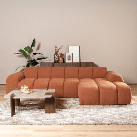 Sofas-Corner sofa with lounge copper bouclé fabric - stripes - right - Brix-Dimehouse