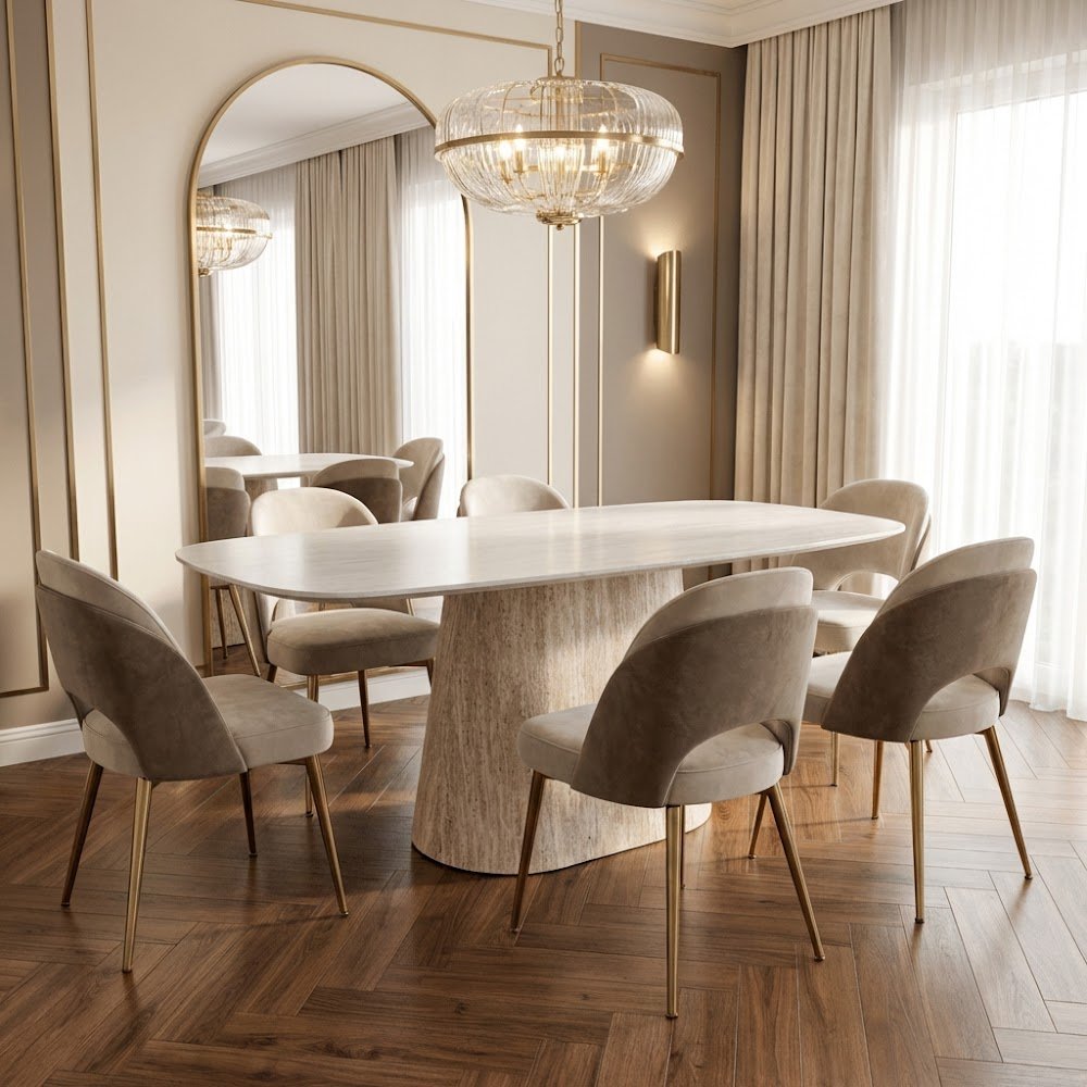 Dining tables - Sintered Stone Marble Look Travertine Dining Table Lea 180x90 cm - Danish Oval - Dimehouse