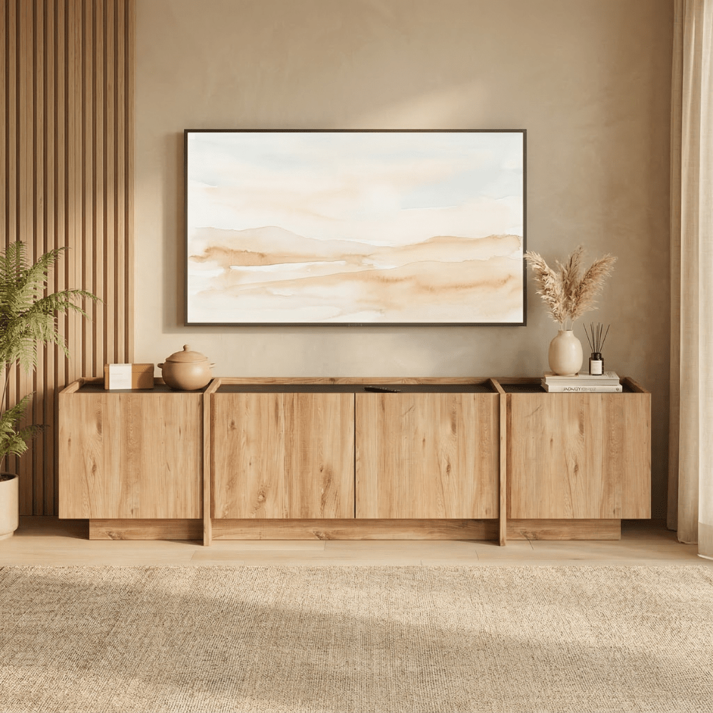 TV Furniture - TV - furniture Japandi oak look melamine anthracite Lowen 180 cm - Dimehouse