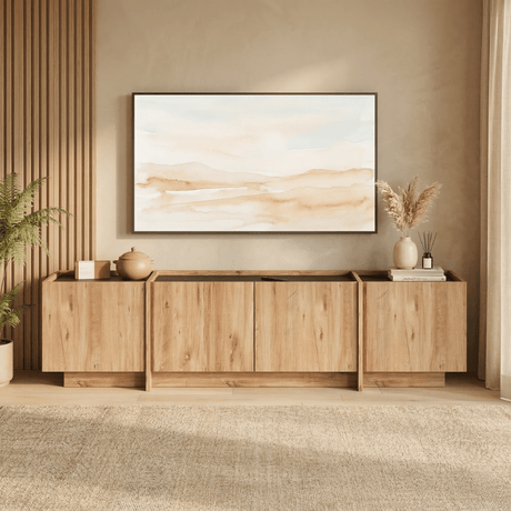 TV Furniture - TV - furniture Japandi oak look melamine anthracite Lowen 180 cm - Dimehouse
